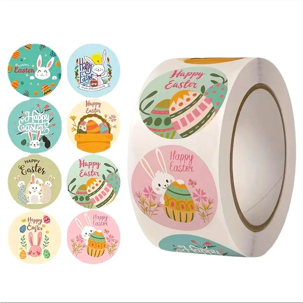 Roll of 500 Happy Easter Round Stickers Bunny Rabbit Eggs